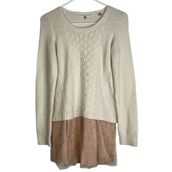 Anthropologie Ivory Cable-Knit Sweater w/ Rhinestone Peach Tulle – Size XS - Picture 4 of 16